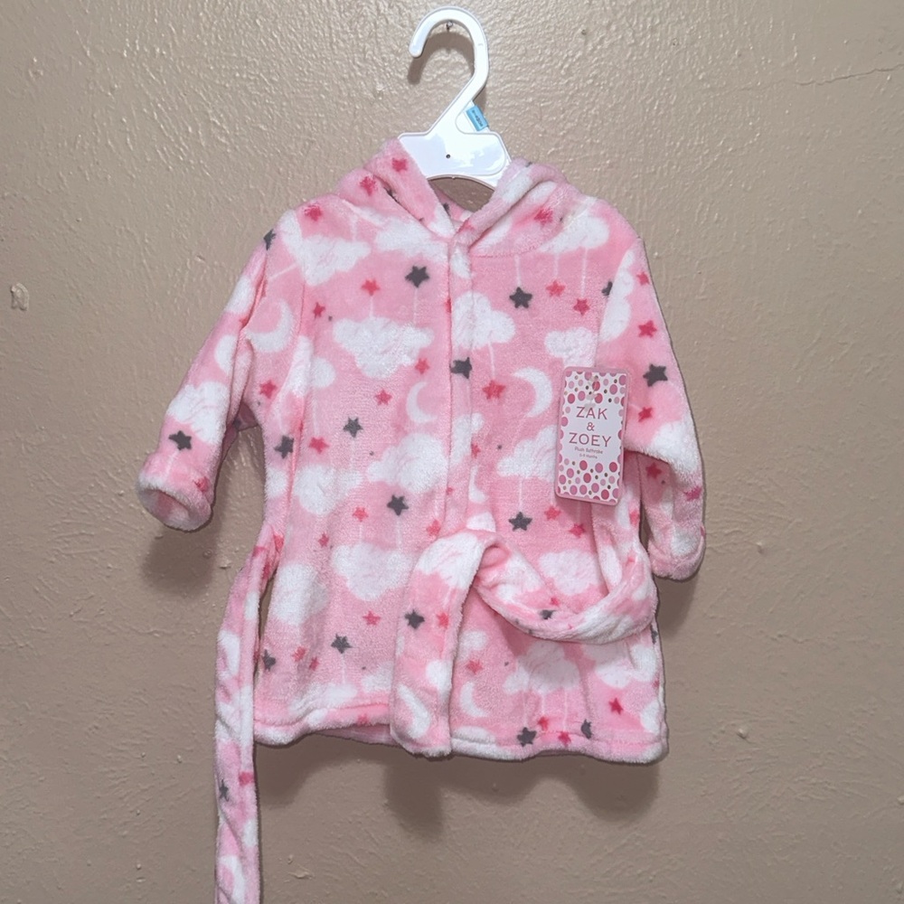 Zak & Zoey Toddler Girl Plush Bathrobe 0-9 Months Pink and white with Clouds